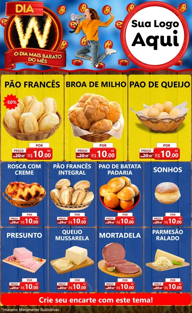 Modelo de Encarte para Encarte Grande com o tema Dia W - O Dia Mais Barato Do Mês para Padaria