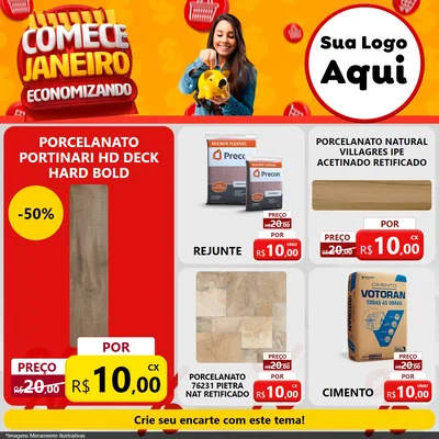 Modelo de Rede Social para Feed Facebook com o tema Comece Janeiro Economizando para Pisos e revestimentos