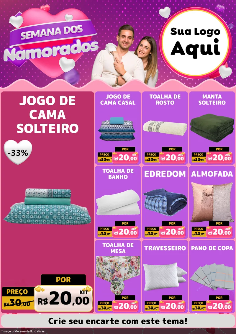 Modelo de Encarte para Encarte A4 Vertical com o tema Semana dos Namorados para Cama, Mesa e Banho