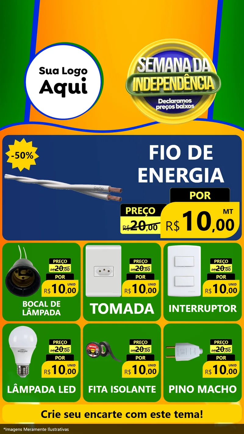 Modelo de Rede Social para Stories com o tema Semana da Independência Declaramos Preços Baixos para Materiais Elétricos