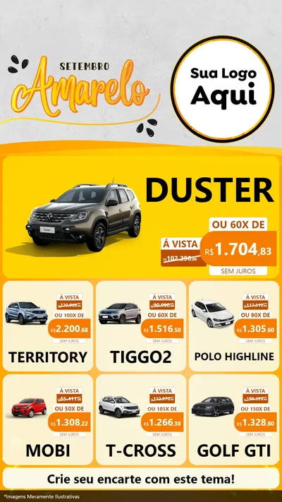 Modelo de Rede Social para Stories com o tema Setembro Amarelo para Concessionaria de Carros