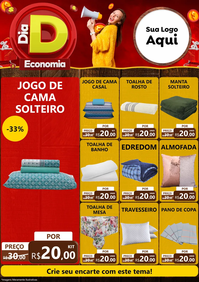 Modelo de Encarte para Encarte A4 Vertical com o tema Dia D Economia para Cama, Mesa e Banho