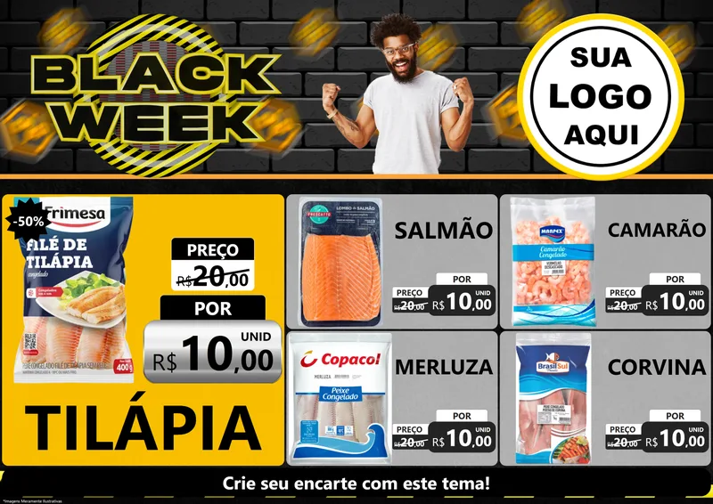 Modelo de Encarte para Encarte A4 Horizontal com o tema Black Week para Peixaria