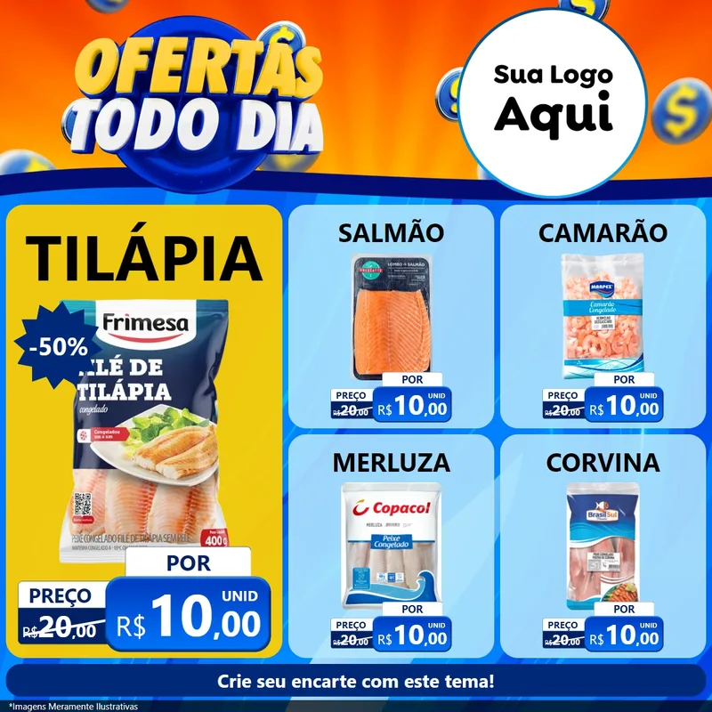 Modelo de Rede Social para Feed Facebook com o tema Ofertas Todo Dia para Peixaria