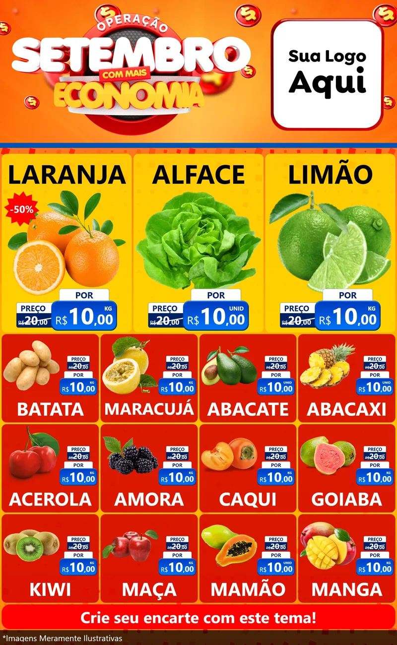 Modelo de Encarte para Encarte Grande com o tema Operação Setembro Com Muita Economia para Hortifrúti