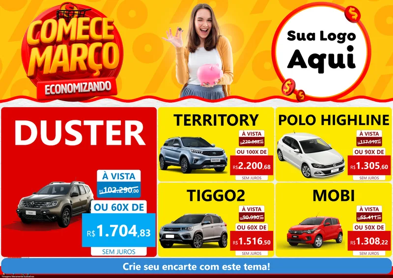 Modelo de Encarte para Encarte A4 Horizontal com o tema Comece Março Economizando para Concessionaria de Carros