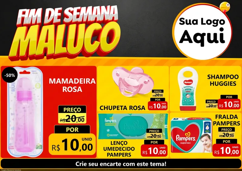 Modelo de Encarte para Encarte A4 Horizontal com o tema Final de Semana Maluco para Bebês