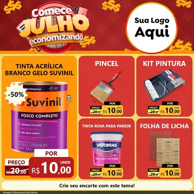Modelo de Rede Social para Feed Facebook com o tema Comece Julho Economizando para Tintas e Ferramentas