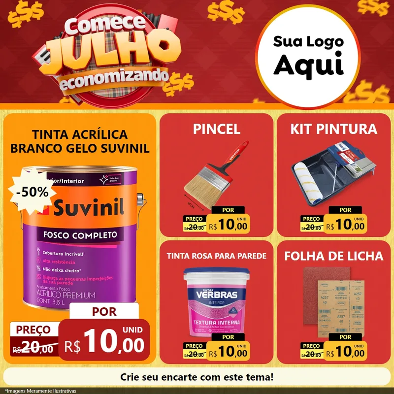 Modelo de Rede Social para Feed Facebook com o tema Comece Julho Economizando para Tintas e Ferramentas