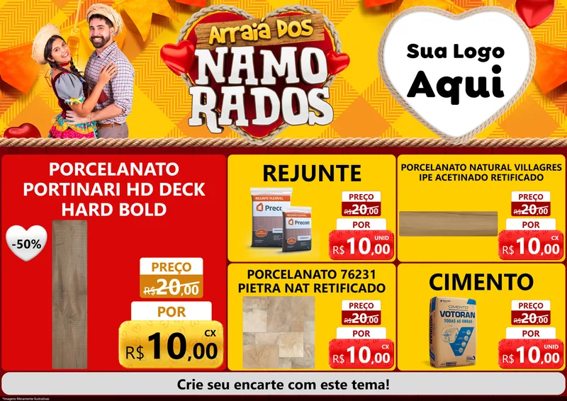 Modelo de Encarte para Encarte A4 Horizontal com o tema Arraiá dos Namorados para Pisos e revestimentos