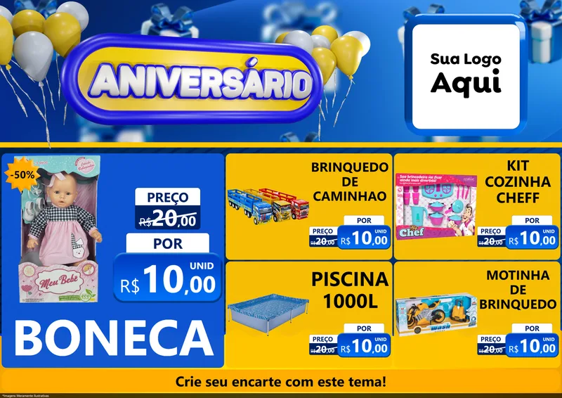 Modelo de Encarte para Encarte A4 Horizontal com o tema Aniversário para Brinquedos