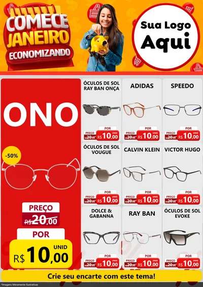 Modelo de Encarte para Encarte A4 Vertical com o tema Comece Janeiro Economizando para Óticas