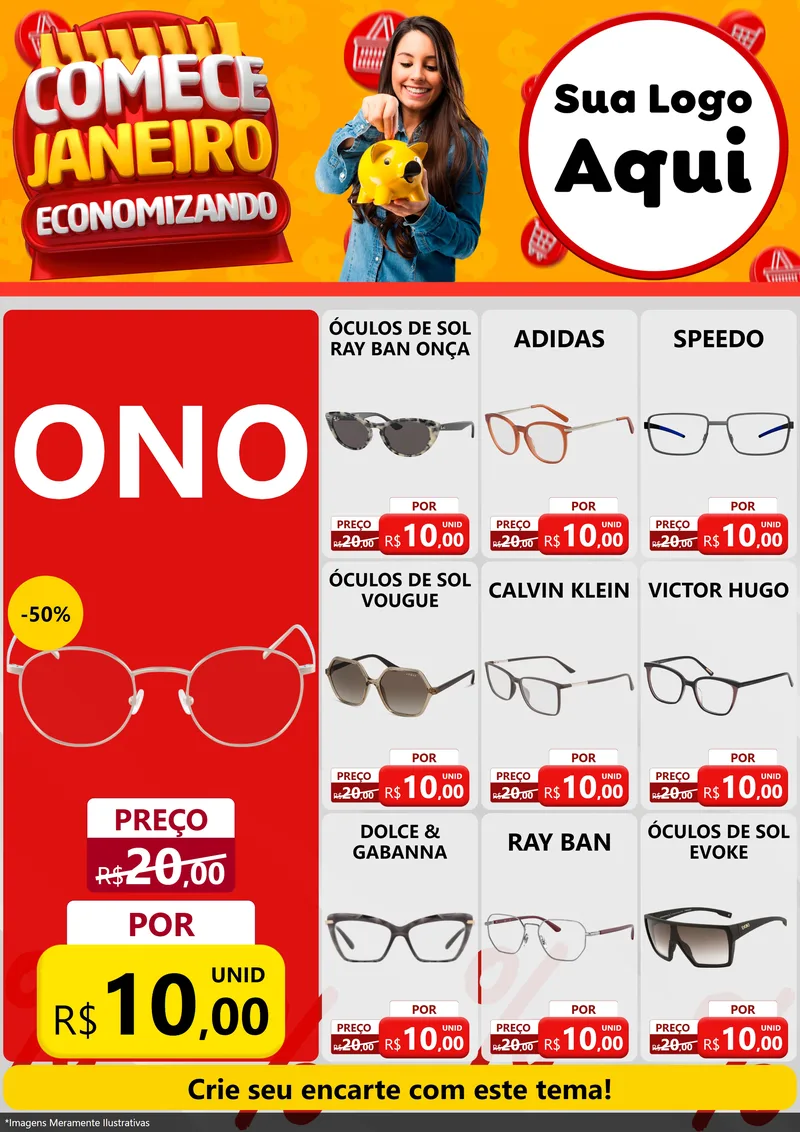Modelo de Encarte para Encarte A4 Vertical com o tema Comece Janeiro Economizando para Óticas