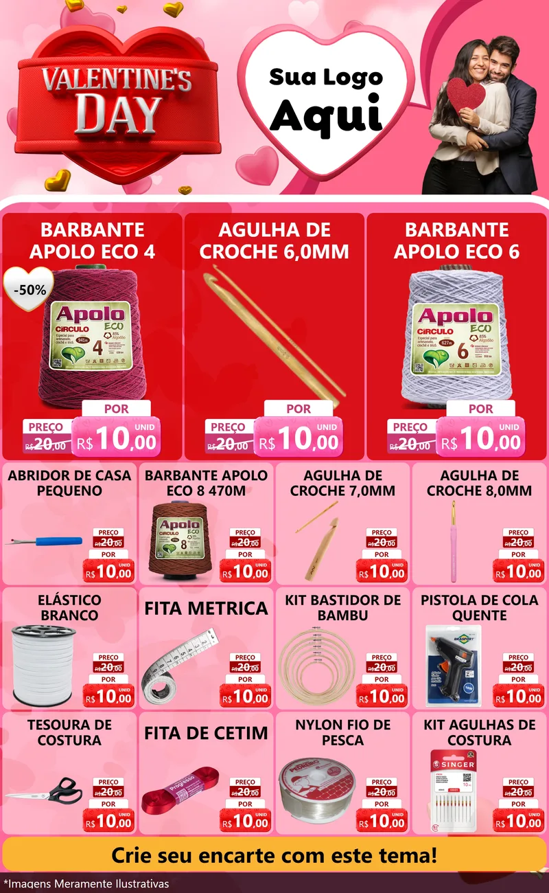 Modelo de Encarte para Encarte Grande com o tema Valentine's Day para Armarinho e Aviamentos