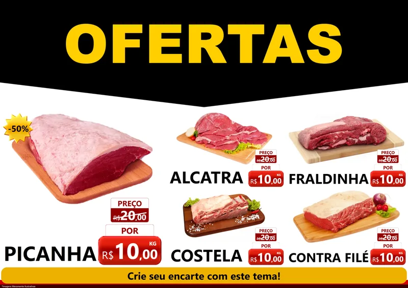 Modelo de Encarte para Encarte A4 Horizontal com o tema Ofertas Preto e Vermelho Cartaz para Açougue