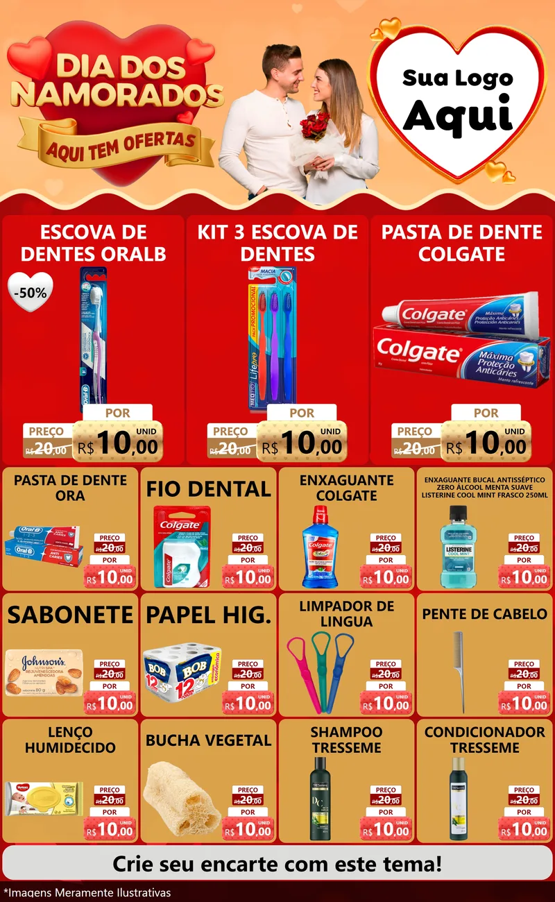Modelo de Encarte para Encarte Grande com o tema Dia dos Namorados - Aqui Tem Ofertas para Higiene Pessoal