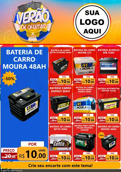 Modelo de Encarte para Encarte A4 Vertical com o tema Verão de Ofertas para Baterias Elétricas