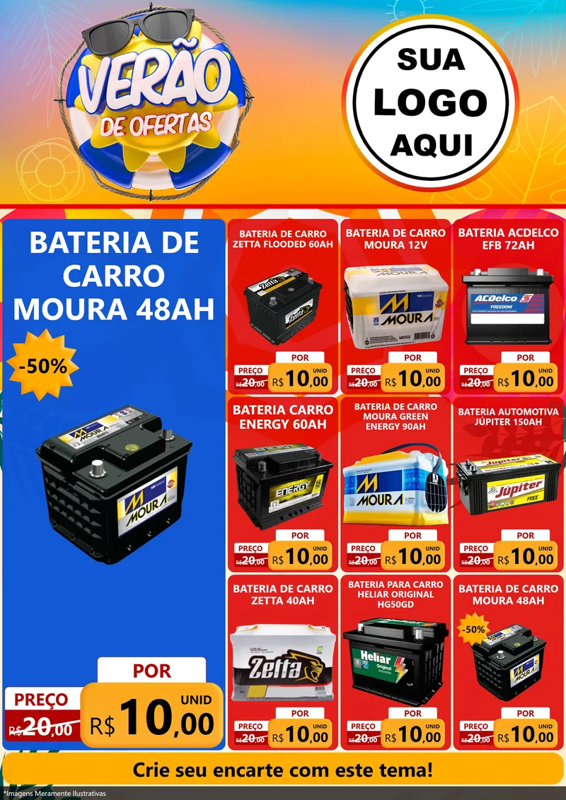 Modelo de Encarte para Encarte A4 Vertical com o tema Verão de Ofertas para Baterias Elétricas