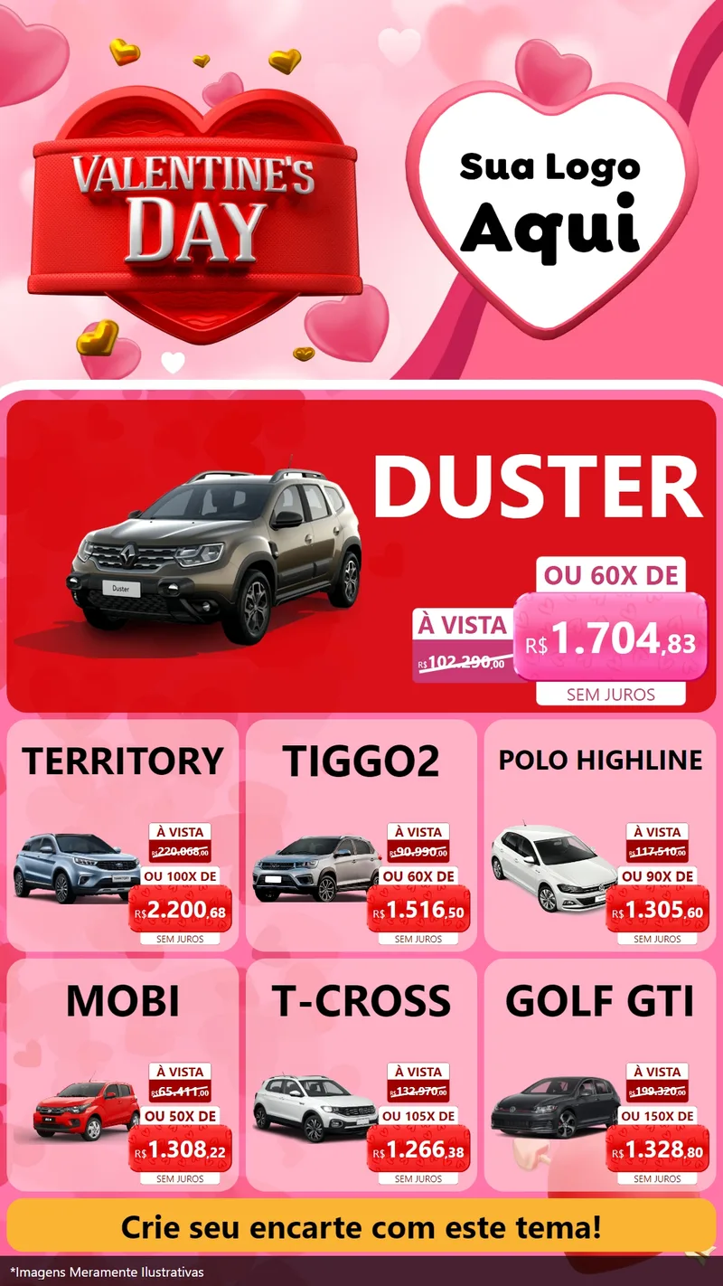 Modelo de Rede Social para Stories com o tema Valentine's Day para Concessionaria de Carros