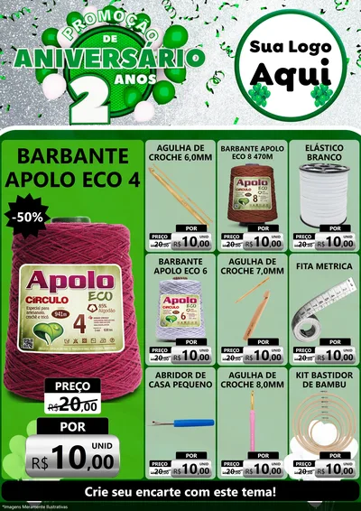 Modelo de Encarte para Encarte A4 Vertical com o tema Promoção de Aniversário - 2 Anos para Armarinho e Aviamentos