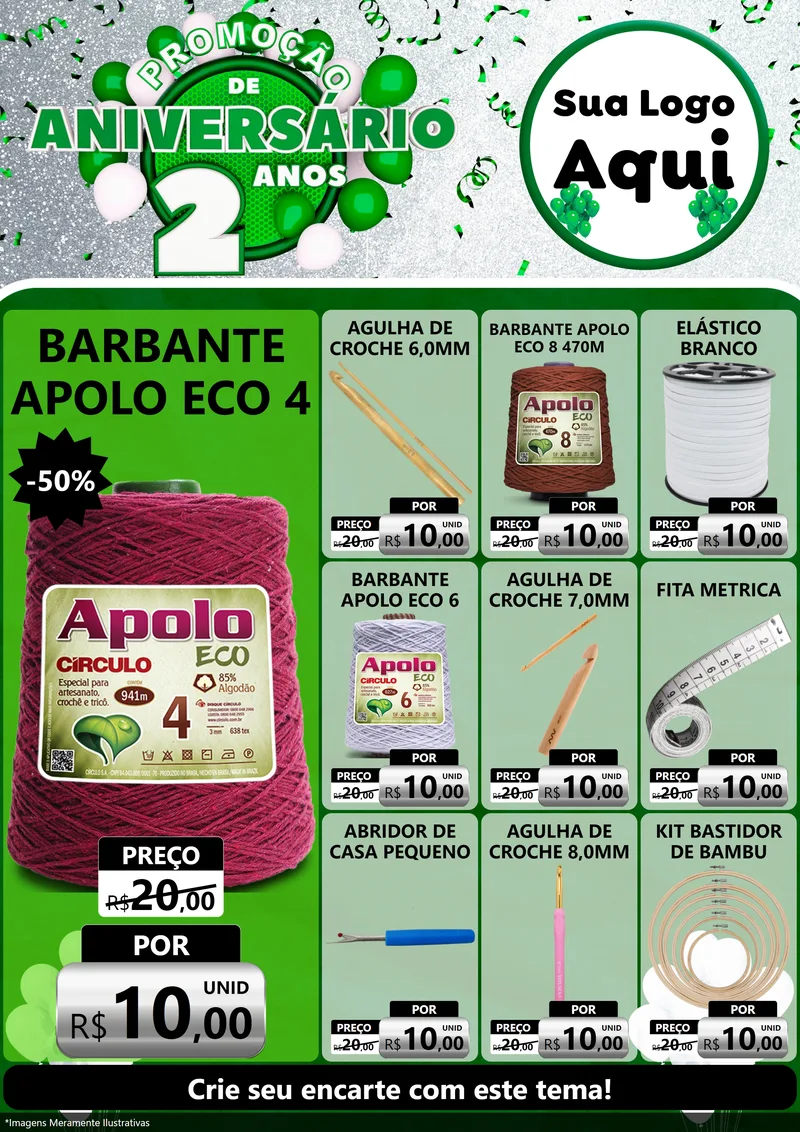 Modelo de Encarte para Encarte A4 Vertical com o tema Promoção de Aniversário - 2 Anos para Armarinho e Aviamentos