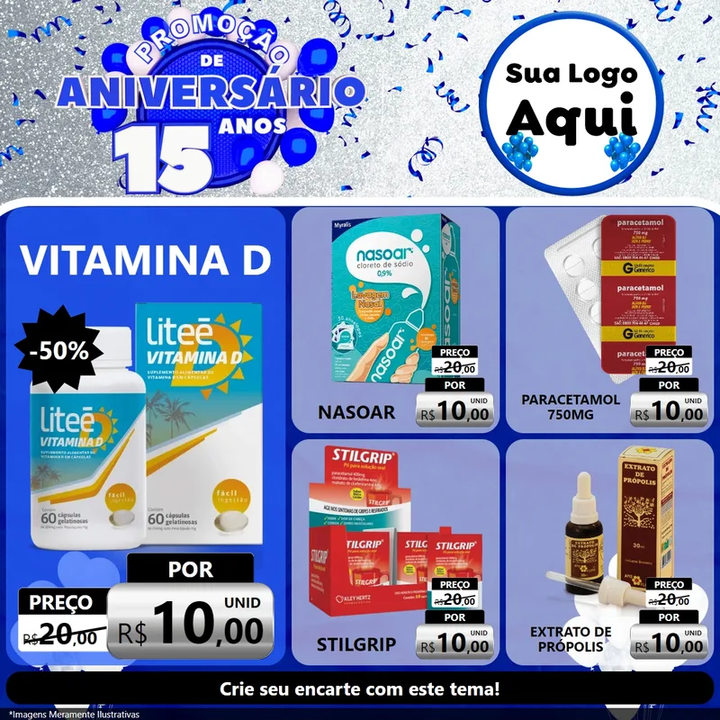 Modelo de Rede Social para Feed Facebook com o tema Promoção de Aniversário - 15 Anos para Farmácia