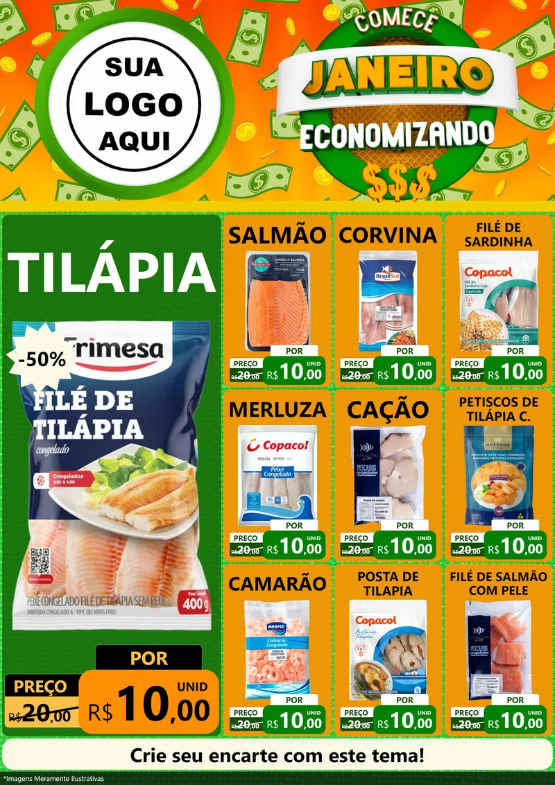 Modelo de Encarte para Encarte A4 Vertical com o tema Comece Janeiro Economizando para Peixaria