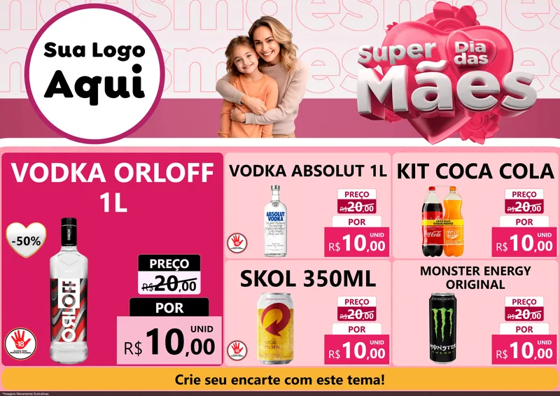 Modelo de Encarte para Encarte A4 Horizontal com o tema Super Dia Das Mães para Distribuidora de bebidas