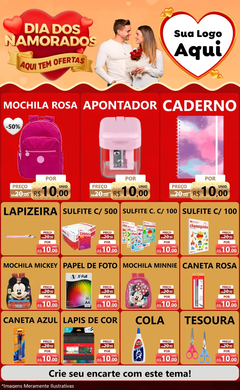 Modelo de Encarte para Encarte Grande com o tema Dia dos Namorados - Aqui Tem Ofertas para Papelaria