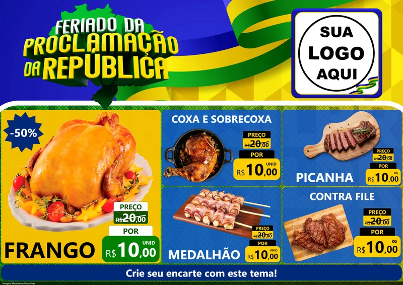 Modelo de Encarte para Encarte A4 Horizontal com o tema Feriado da Proclamação da República para Assados
