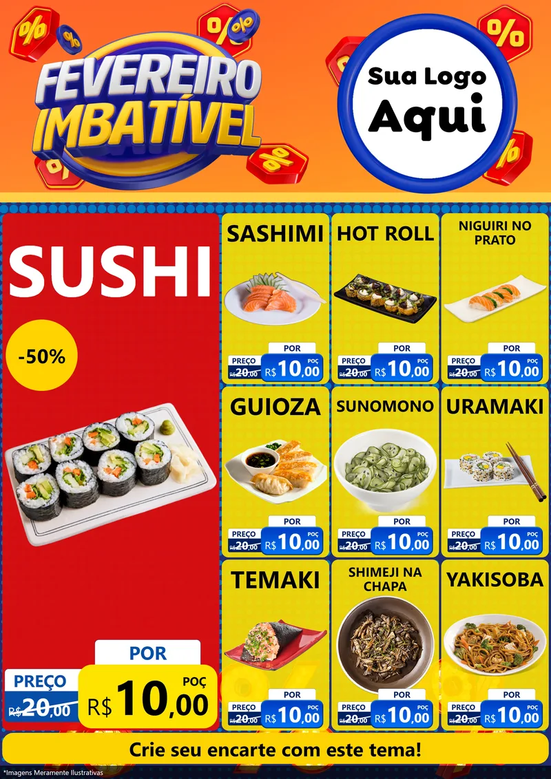 Modelo de Encarte para Encarte A4 Vertical com o tema Fevereiro Imbatível para Comida japonesa