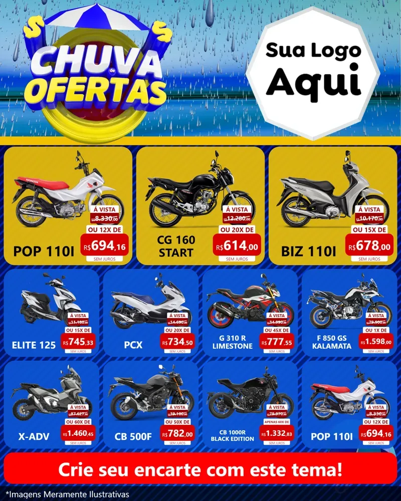 Modelo de Rede Social para Feed Instagram com o tema Chuva de Ofertas para Concessionaria de Motos