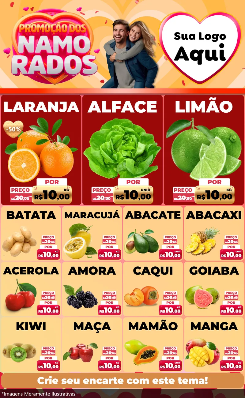 Modelo de Encarte para Encarte Grande com o tema Promoção dos Namorados para Hortifrúti