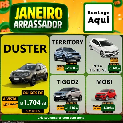 Modelo de Rede Social para Feed Facebook com o tema Janeiro Arrasador para Concessionaria de Carros