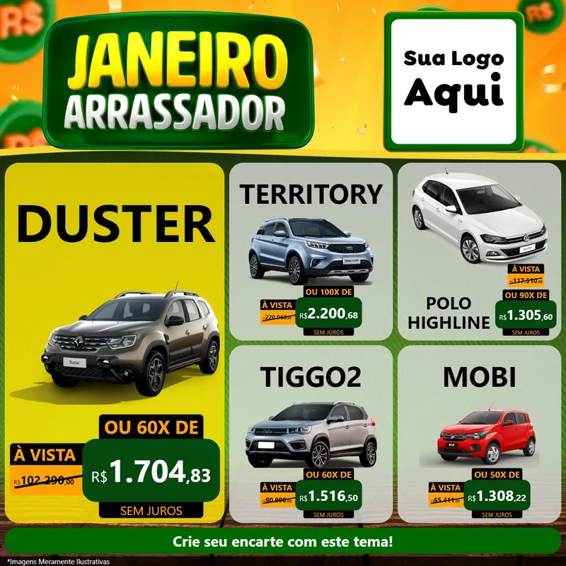 Modelo de Rede Social para Feed Facebook com o tema Janeiro Arrasador para Concessionaria de Carros