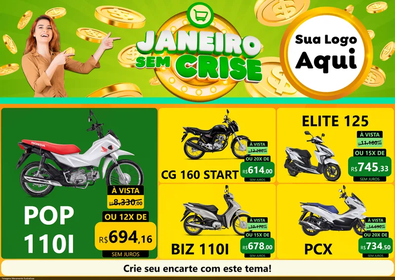 Modelo de Encarte para Encarte A4 Horizontal com o tema Janeiro Sem Crise para Concessionaria de Motos