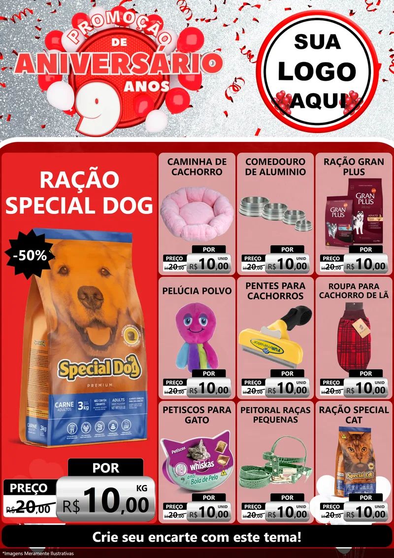 Modelo de Encarte para Encarte A4 Vertical com o tema Promoção de Aniversário - 9 Anos para Pet Shop