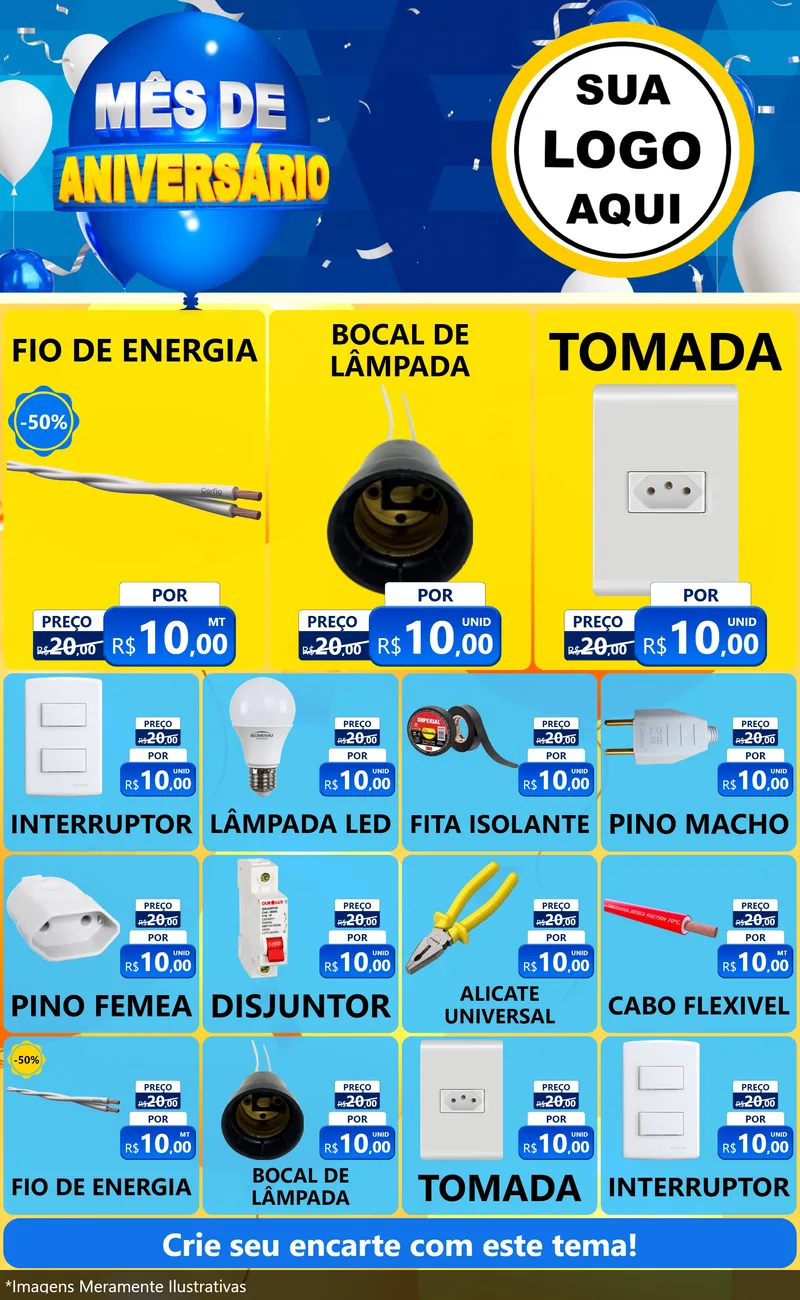 Modelo de Encarte para Encarte Grande com o tema Mês de Aniversário para Materiais Elétricos