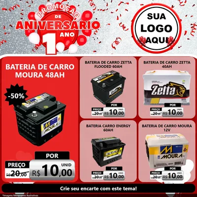 Modelo de Rede Social para Feed Facebook com o tema Promoção de Aniversário - 1 Ano para Baterias Elétricas