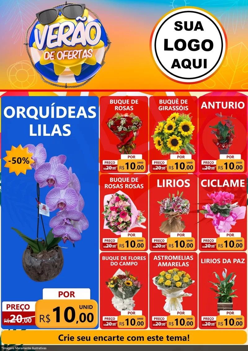 Modelo de Encarte para Encarte A4 Vertical com o tema Verão de Ofertas para Floricultura e jardim
