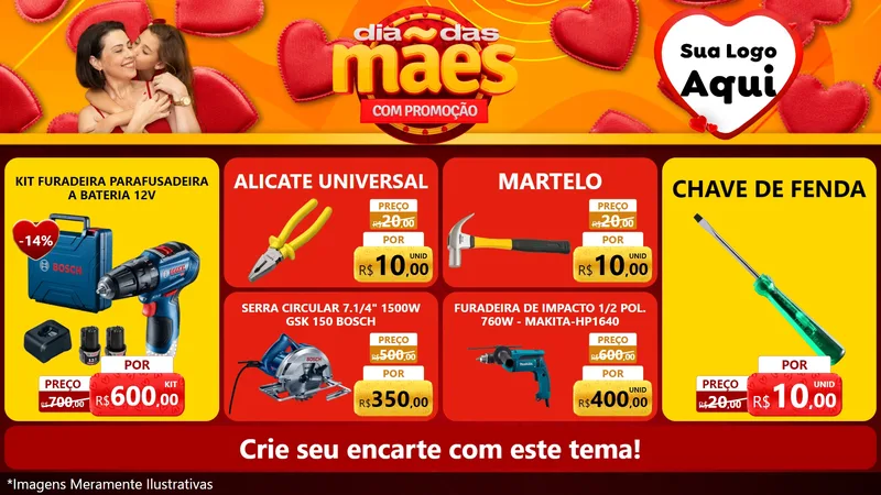 Modelo de TV para TV Horizontal com o tema Dia das Mães com Promoção para Maquinas e Ferramentas