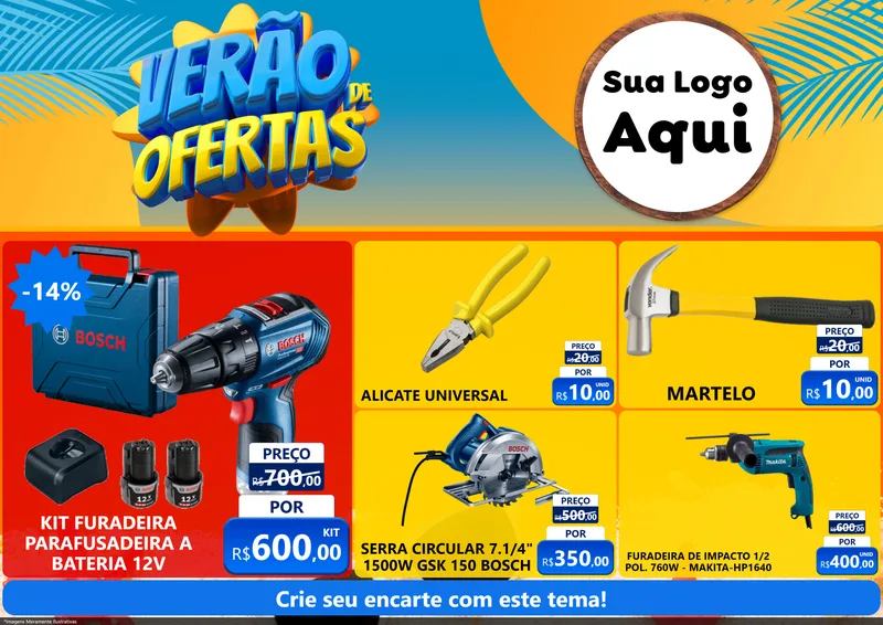 Modelo de Encarte para Encarte A4 Horizontal com o tema Verão de Ofertas para Maquinas e Ferramentas