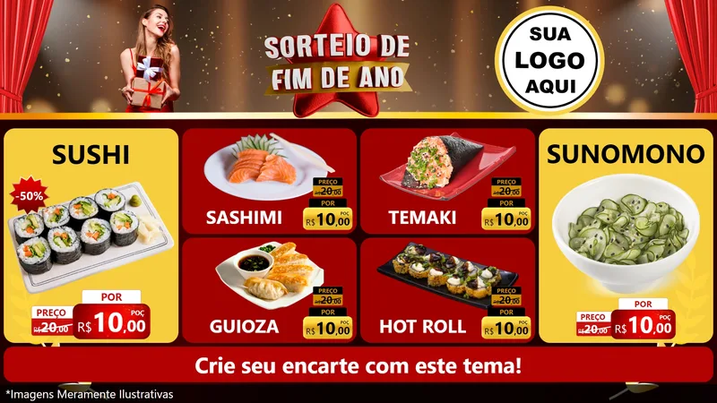 Modelo de TV para TV Horizontal com o tema Sorteio de Fim de Ano para Comida japonesa