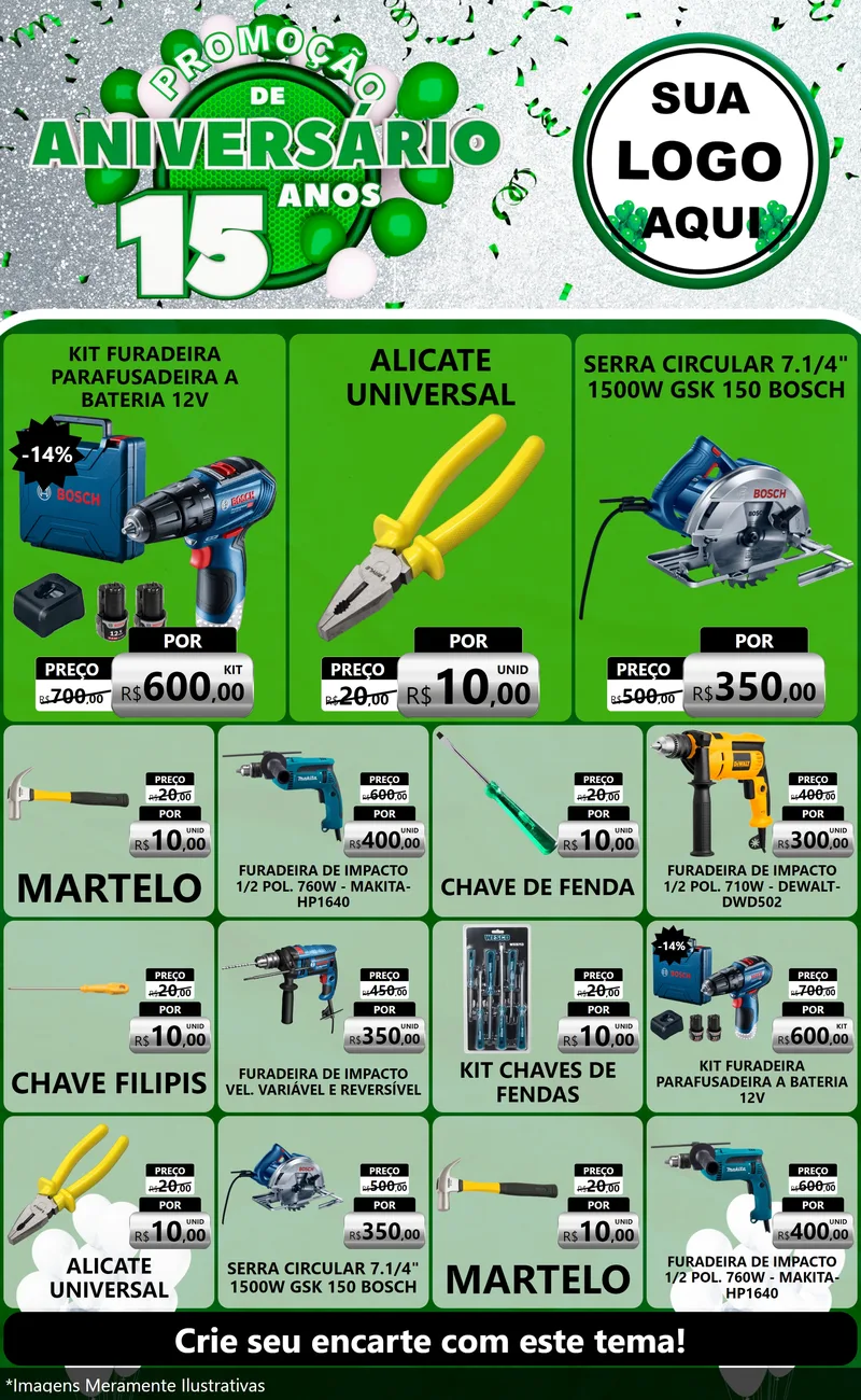 Modelo de Encarte para Encarte Grande com o tema Promoção de Aniversário - 15 Anos para Maquinas e Ferramentas