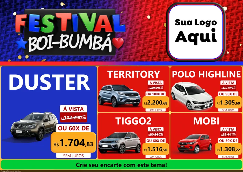 Modelo de Encarte para Encarte A4 Horizontal com o tema Festival Boi-Bumbá para Concessionaria de Carros