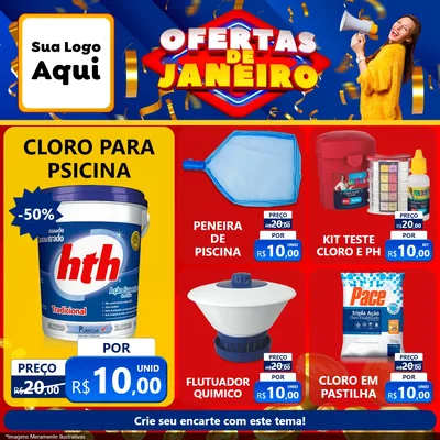 Modelo de Rede Social para Feed Facebook com o tema Ofertas de Janeiro para Produtos para Piscina