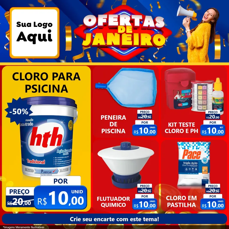 Modelo de Rede Social para Feed Facebook com o tema Ofertas de Janeiro para Produtos para Piscina