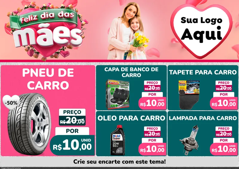 Modelo de Encarte para Encarte A4 Horizontal com o tema Feliz Dia das Mães para Auto peças