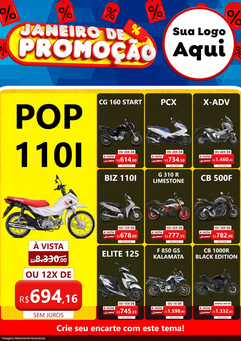 Modelo de Encarte para Encarte A4 Vertical com o tema Janeiro de Promoção para Concessionaria de Motos