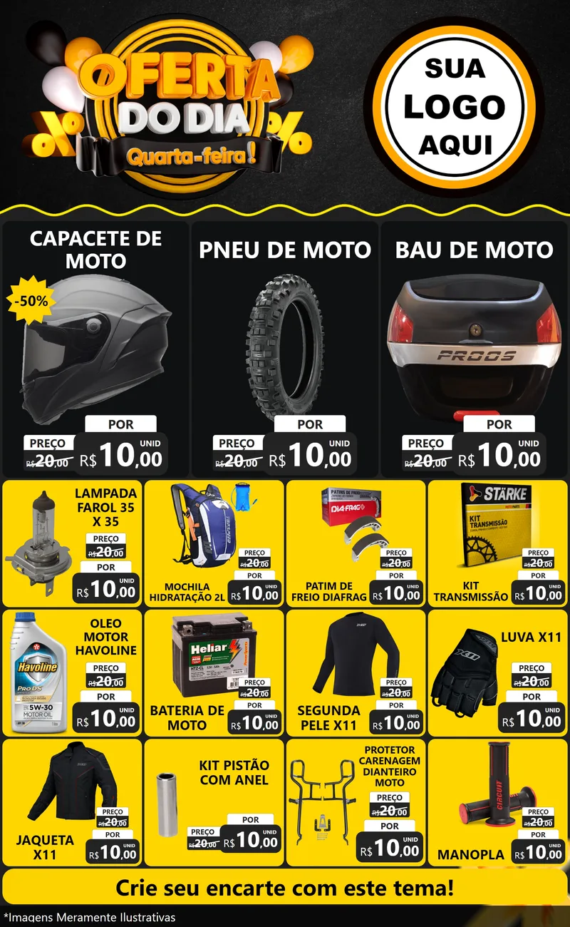 Modelo de Encarte para Encarte Grande com o tema Oferta do Dia - Quarta Feira! para Moto peças